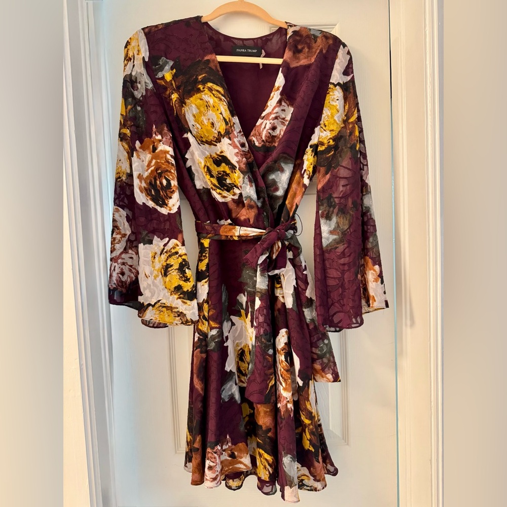 Ivanka Trump Purple and Yellow Fit and Flare Dress with Bell Sleeves